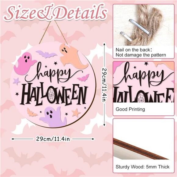 Halloween Ghost Wooden Hanging Sign Pink Spooky Welcome Sign Ghost Bat Door - Picture 2 of 8